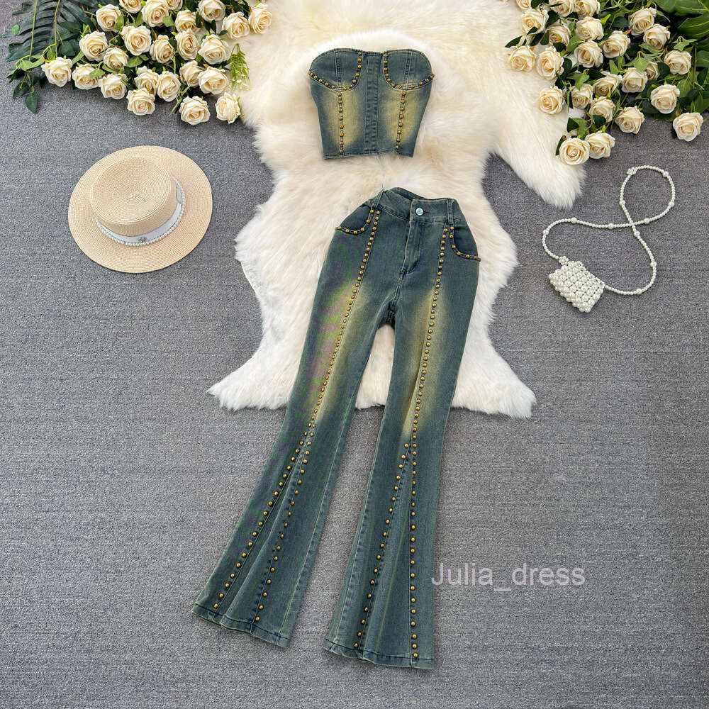 Fashion set for women American style distressed rivet design denim camisole vest two-piece high waisted micro flared pants