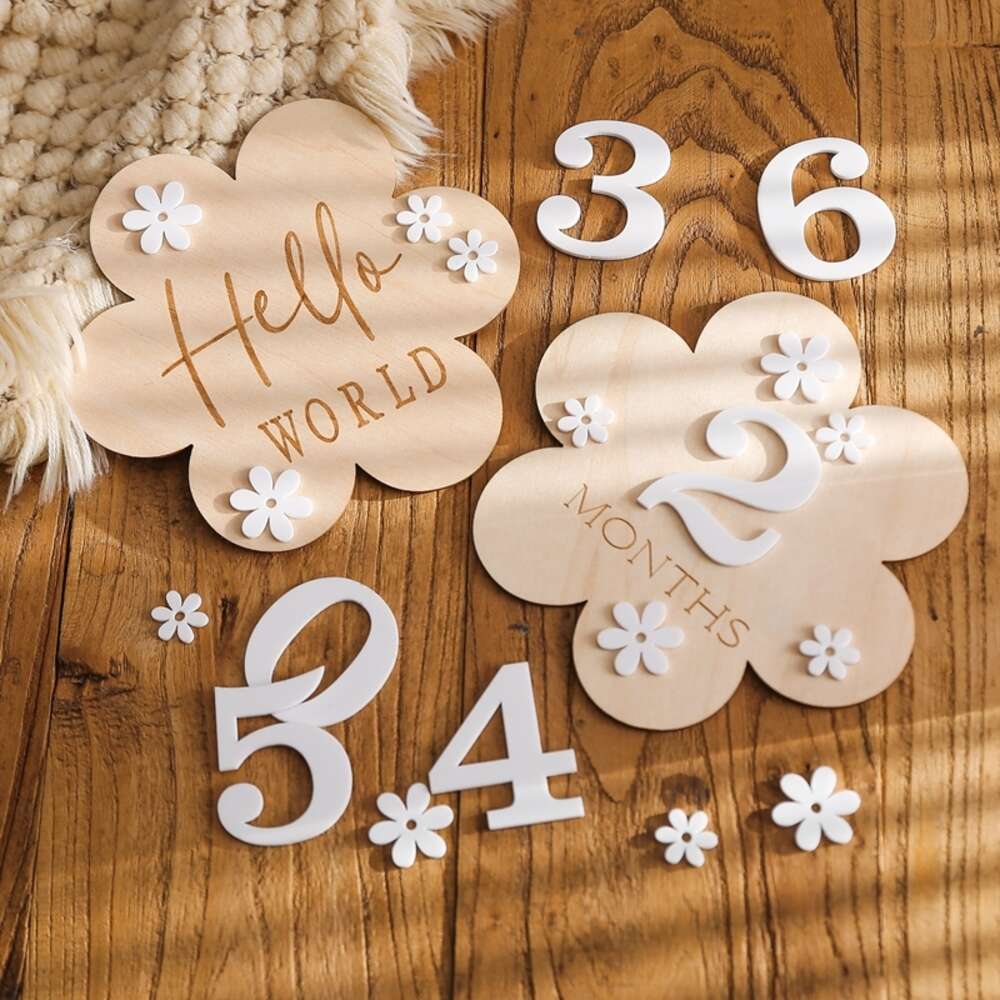 1Set Wooden Month Milestone Flower Shape Record Card Newborn Birthday Gift Souvenir Baby Photo Photography Accessories