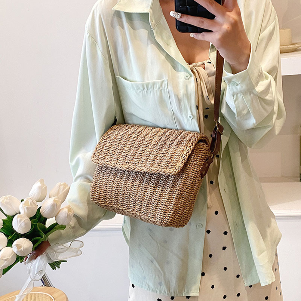 Women Weave Straw Bag Summer Straw Beach Bag Vintage Small Square Satchel Bag Adjustable Strap Handmade Travel Flap Bag