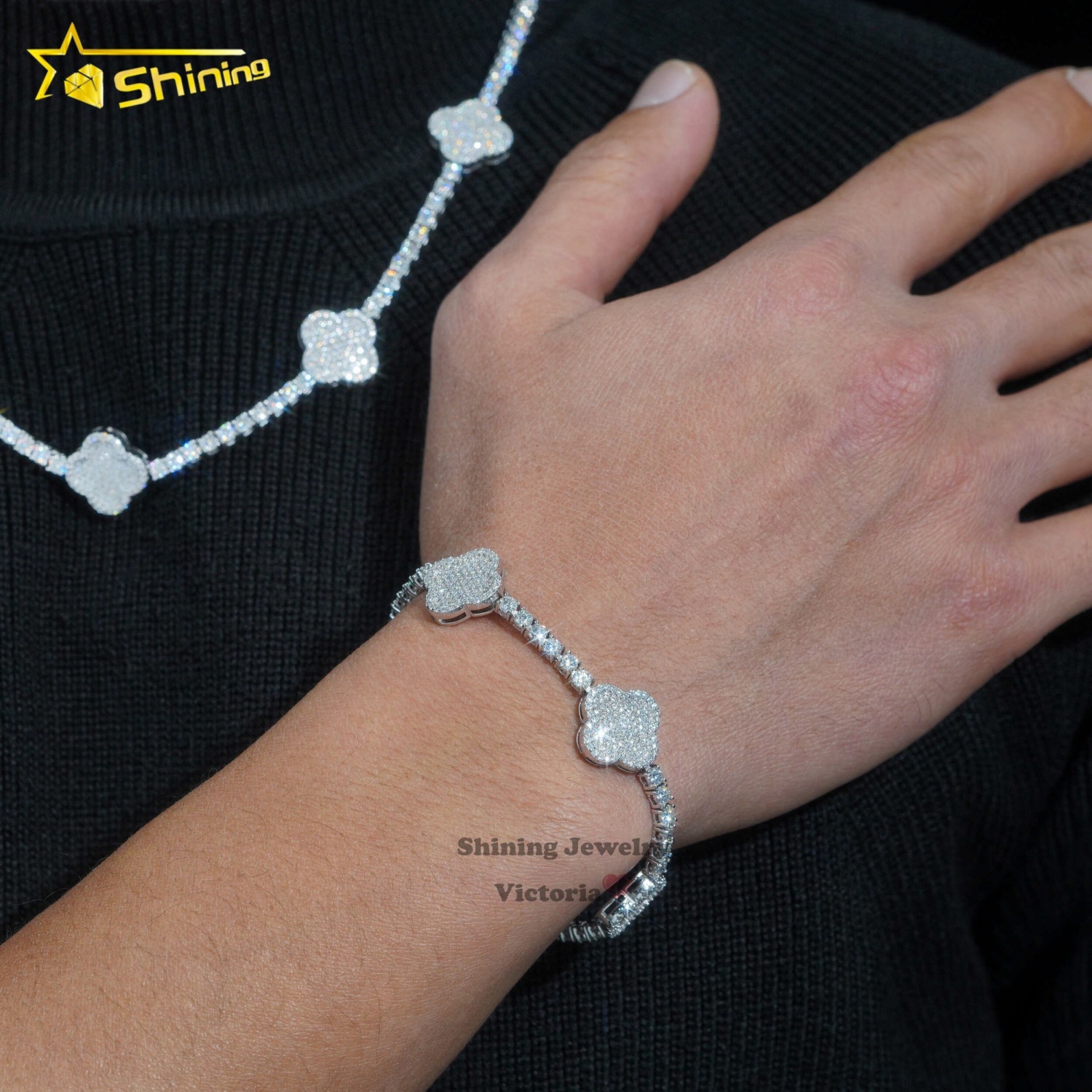 New Arrival 2024 Pass Tester Sterling Sier VVS Moissanite Dia Clover Tennis Chain Necklace Men's and Women's Fashion Chains