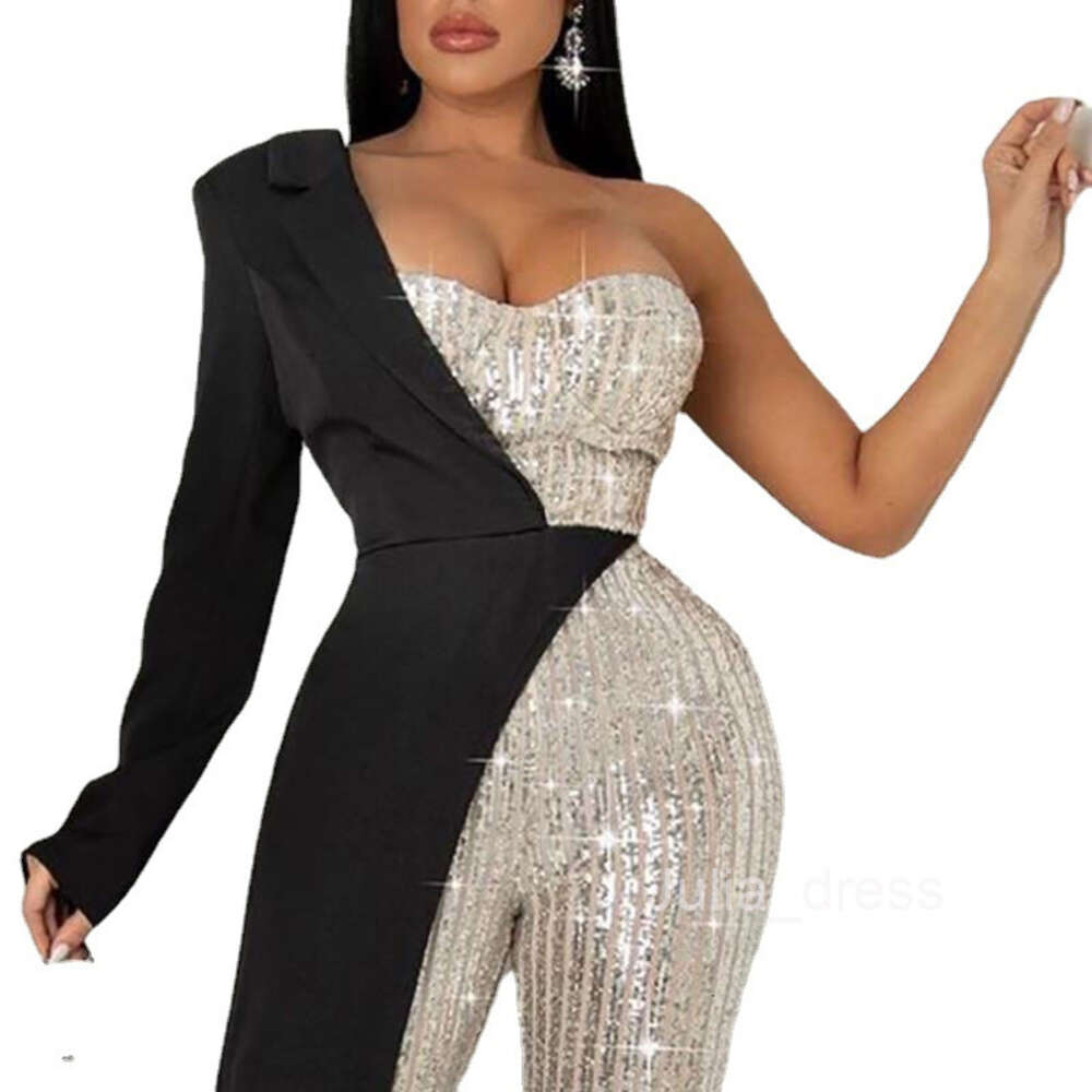 2024 new womens silver patchwork sequin one shoulder fashionable sequin jumpsuit