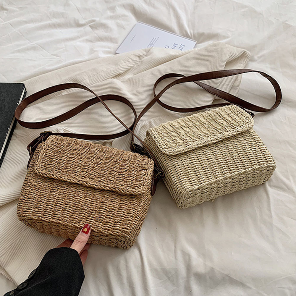 Women Weave Straw Bag Summer Straw Beach Bag Vintage Small Square Satchel Bag Adjustable Strap Handmade Travel Flap Bag