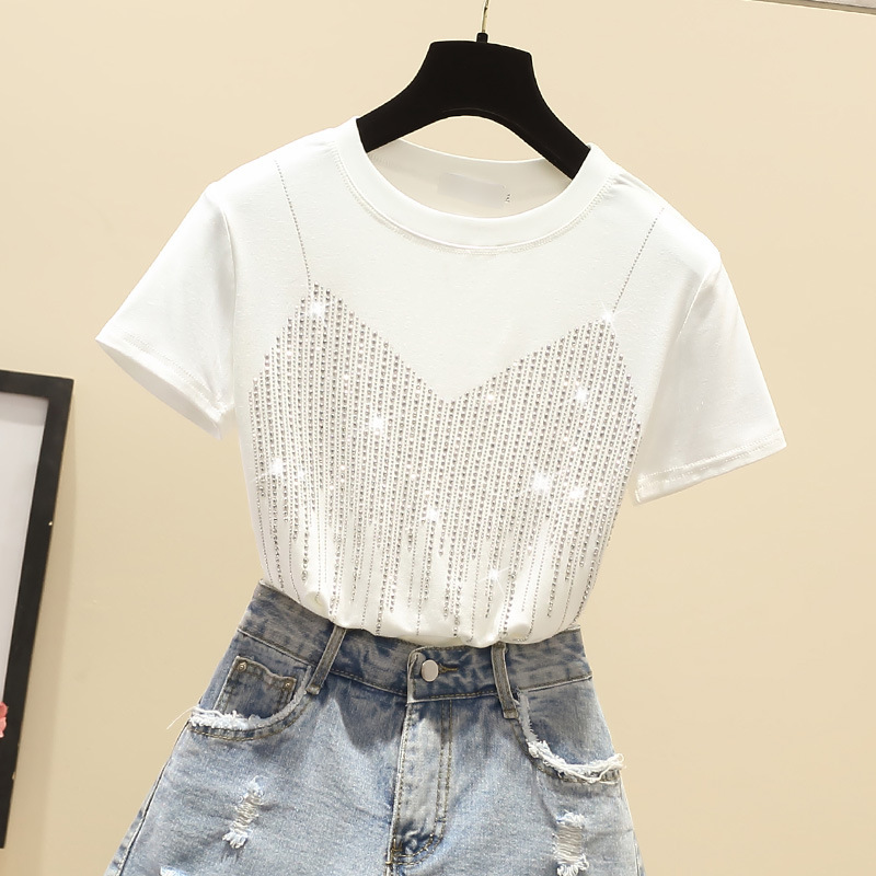 women designer clothes designer t shirt tshirt Crew Neck Diamond Short sleeve Rhinestone Polka Dot Cute Loose Breathable Kawaii size S-XL designer shi