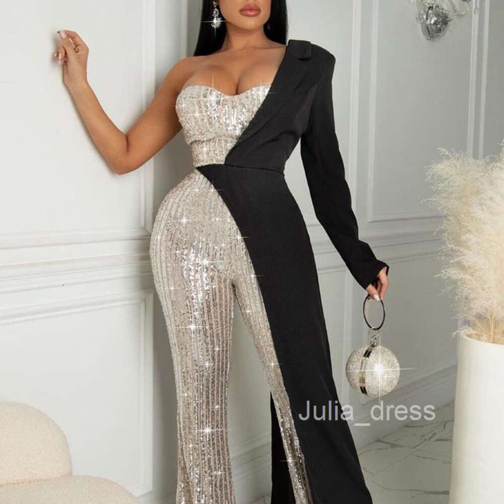 2024 new womens silver patchwork sequin one shoulder fashionable sequin jumpsuit