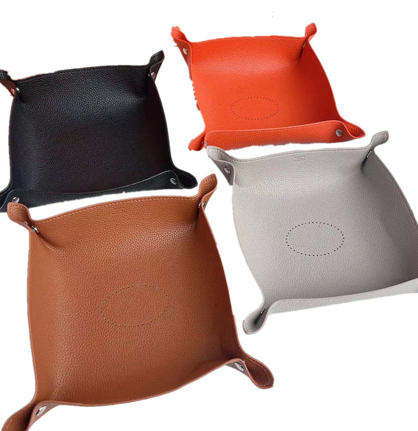 Square designer orange leather tray solid color foyer key storage miscellaneous items desktop candy box