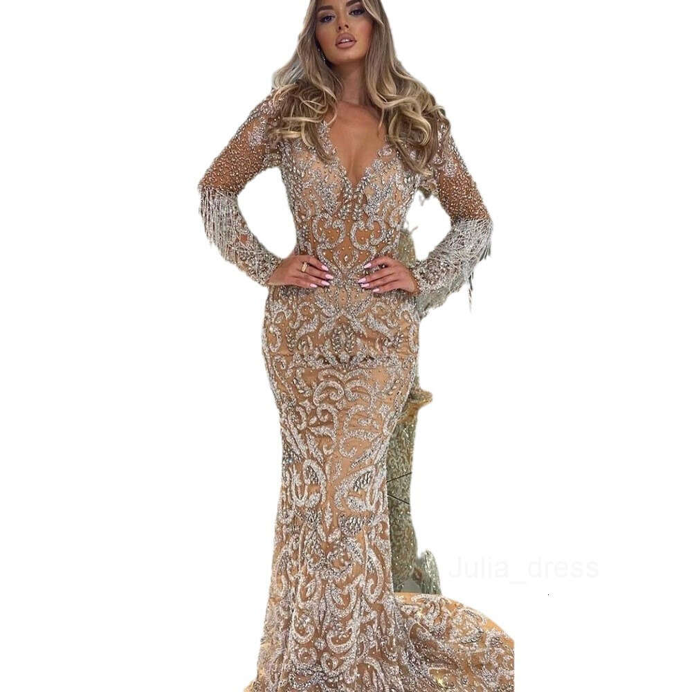 2024 Spring New Womens Evening Dress Womens Fish Tail Sprinkled Gold Tassels Elegant Sexy Long Dress