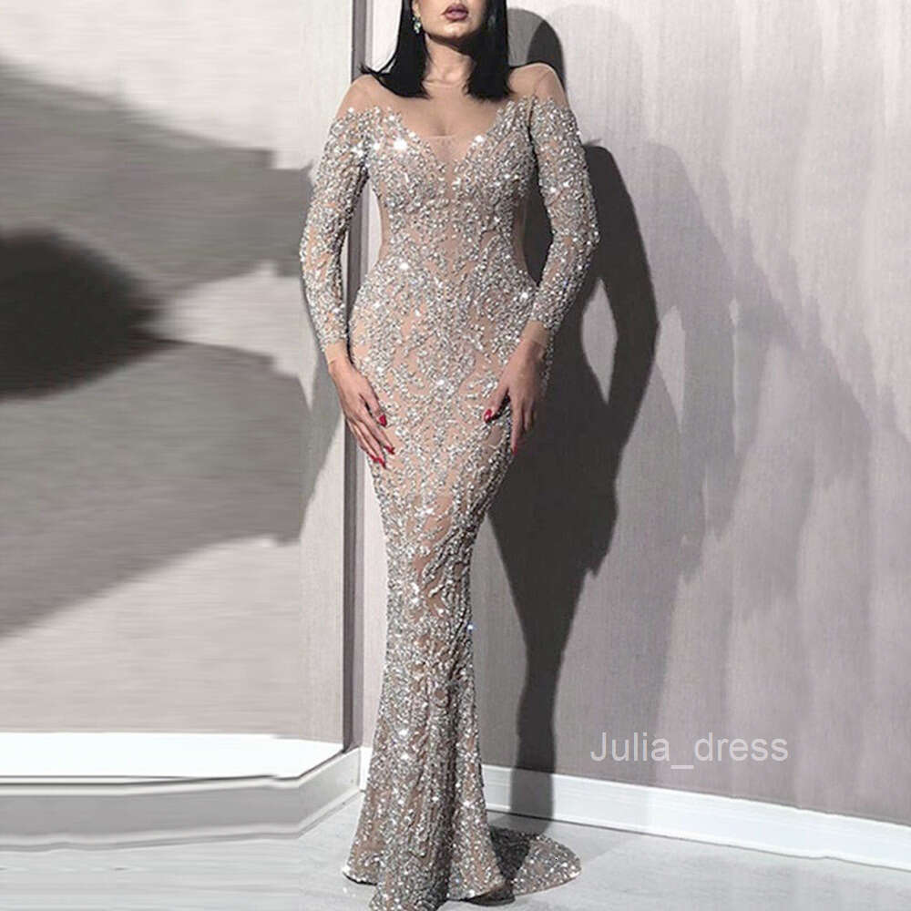 2024 Spring New Womens Hot Stamped Long Sleeve Slim Fit Sexy Long Dress Banquet Evening Dress