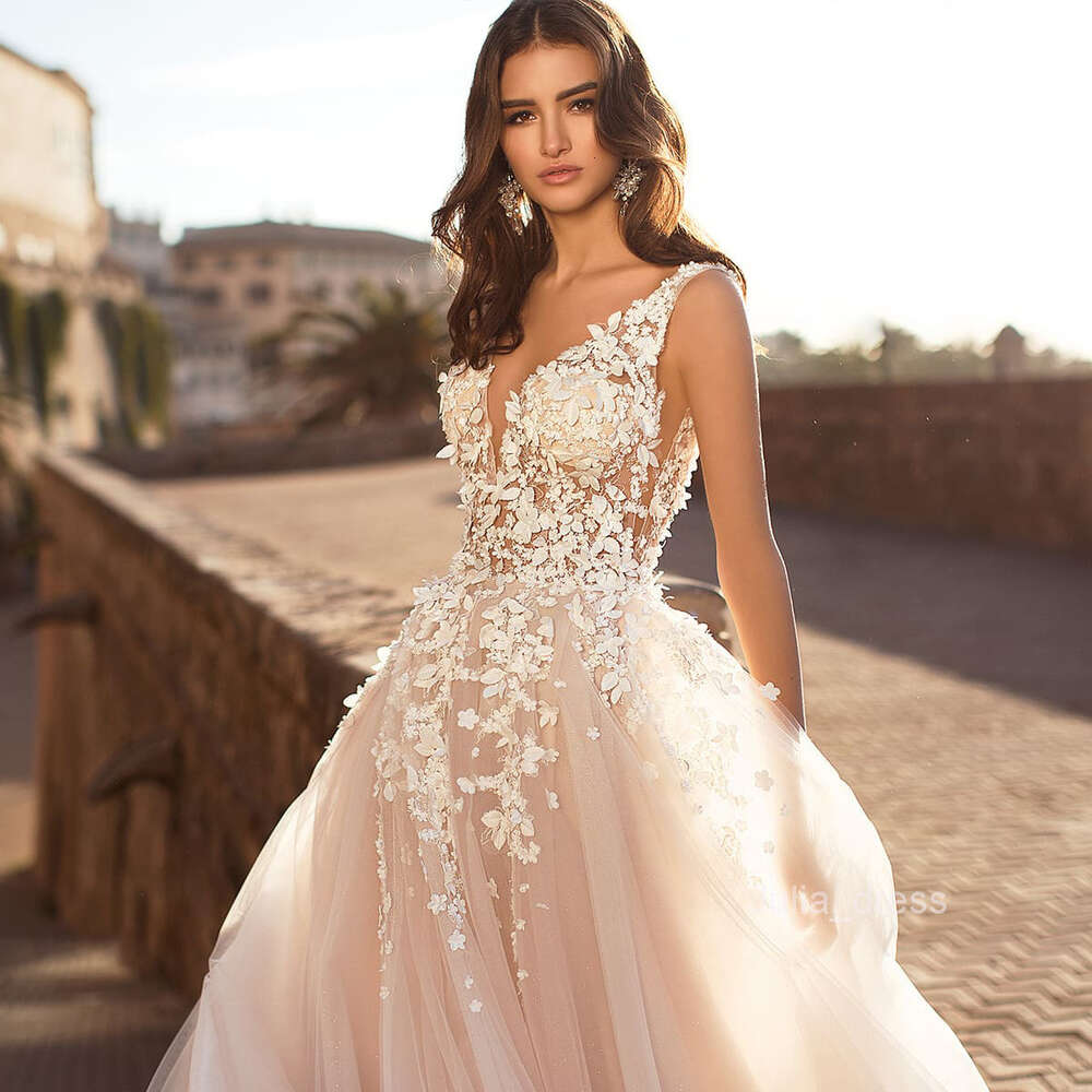 2024 Summer New Womens Sexy Lace Dress Sleeveless Deep V-neck Wedding Embroidered Long Dress