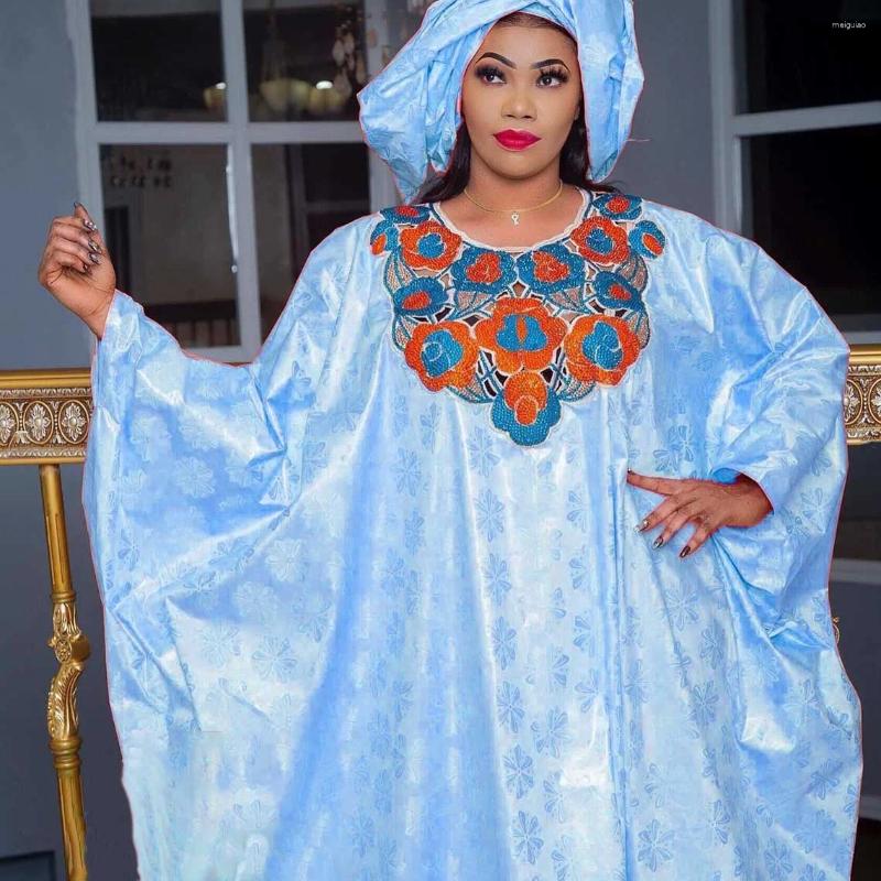 Ethnic Clothing Shiny Bazin Riche Long Dresses Sequined Embroidered Dashiki Robe With Scarf Boubou Traditional Wedding