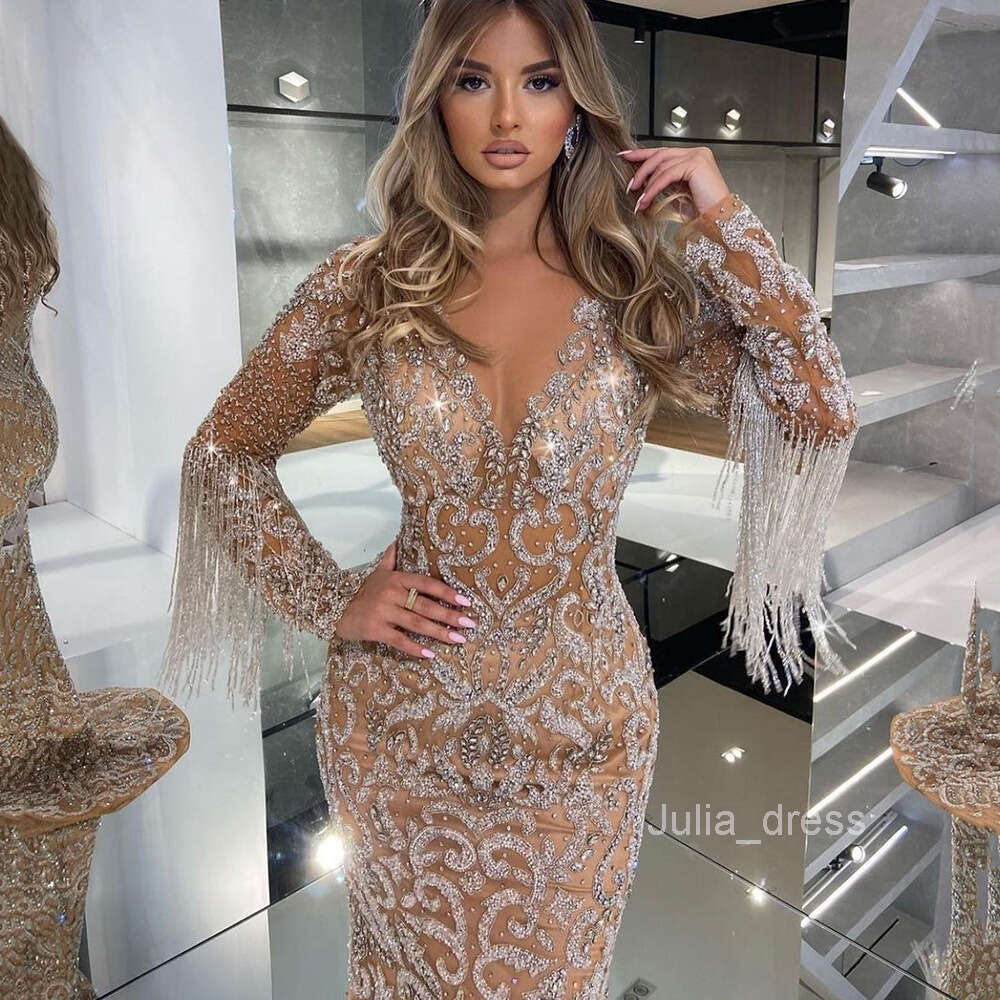 2024 Spring New Womens Evening Dress Womens Fish Tail Sprinkled Gold Tassels Elegant Sexy Long Dress