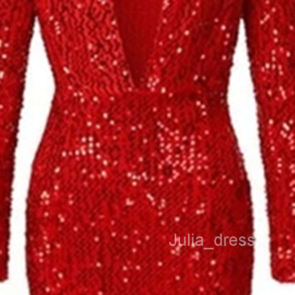 2024 Spring New Womens Wrapped Hip Dress with Fish Tail Edge Red Sequin Long sleeved V-neck Dress