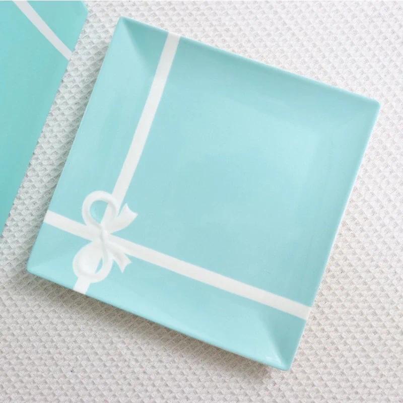 Plate T Family Bow Series Bone Porcelain Square Plate 24cm Single Vegetable and Fruit Gift Box Packaging