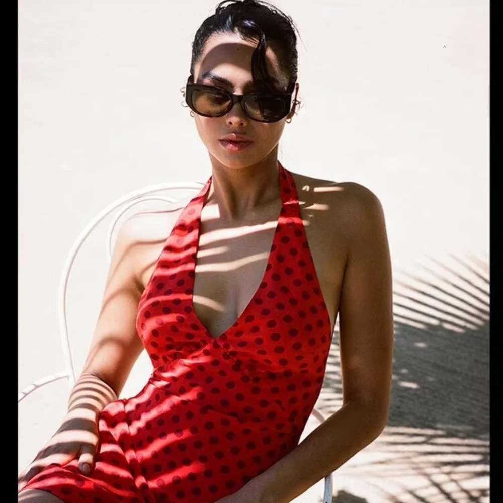 PB ZAWomens Polka Dot Printed Dress Fashionable and Casual Versatile VNeck Backless Spring 240515