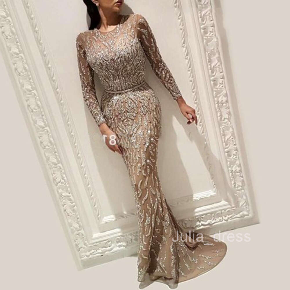 2023 New Womens Sexy Dress Sprinkled Gold Long Sleeve Fishtail Prom Dress