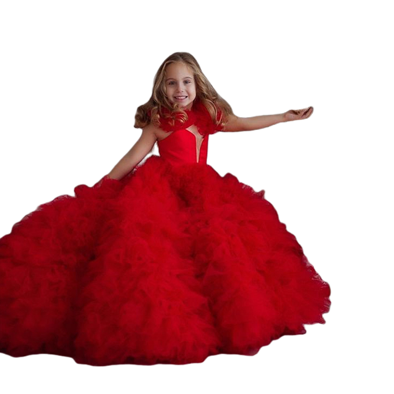 Ruffles Tutu Tulle Flower Girls Dresses Red Christmas Toddler Tiered Gown Formal Photo Shoot Princess Birthday Party Dress With Train 2024 Kids Formal