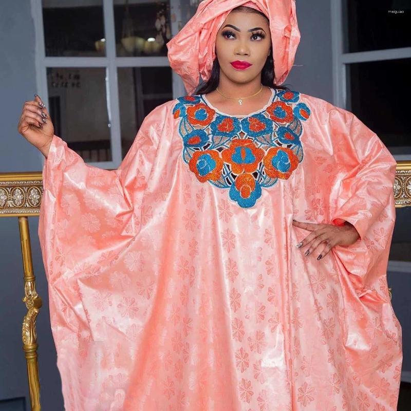 Ethnic Clothing Shiny Bazin Riche Long Dresses Sequined Embroidered Dashiki Robe With Scarf Boubou Traditional Wedding