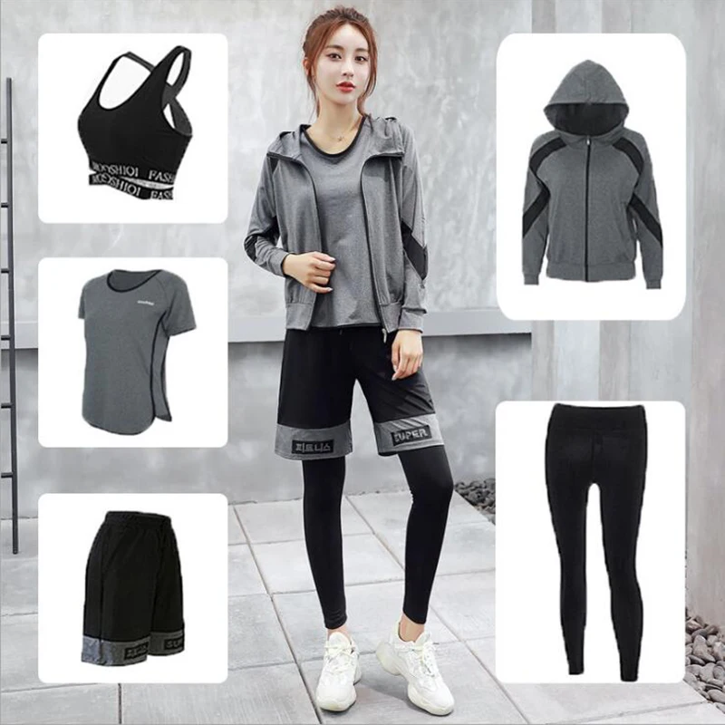 hot sale Korean sports suit 5 pieces yoga sets letter bra+t shirt+coat+shorts+pants sports wear for women gym clothing workout clothes