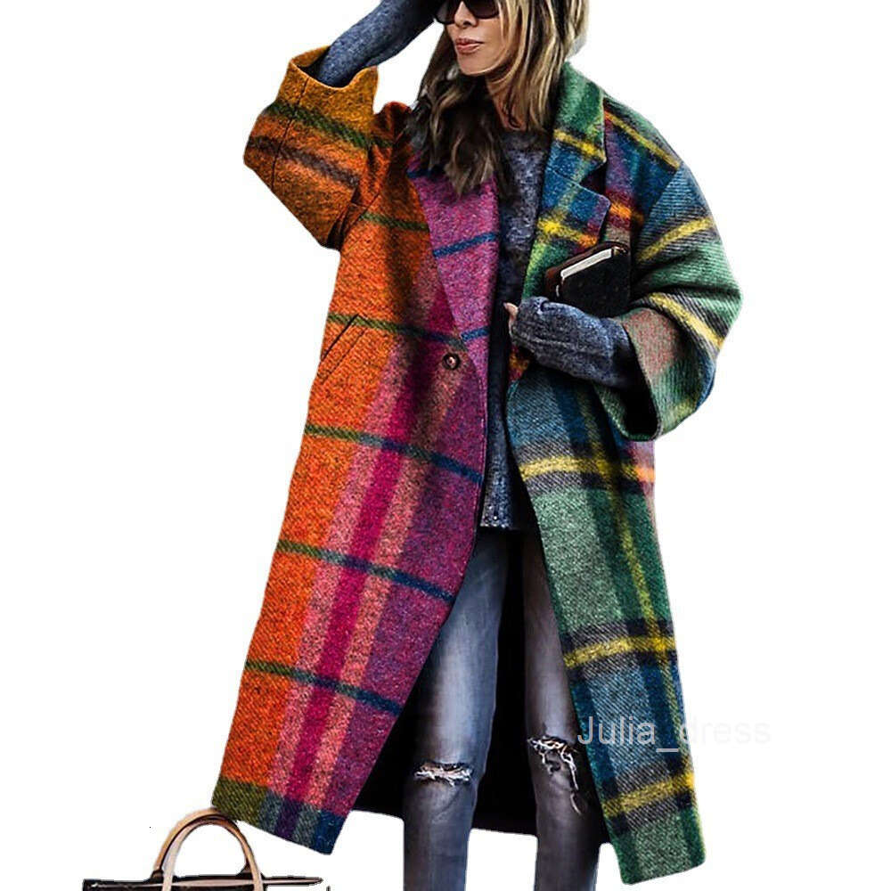 2024 New Autumn Womens Long sleeved Lapel Coat Printed Woolen Long Coat