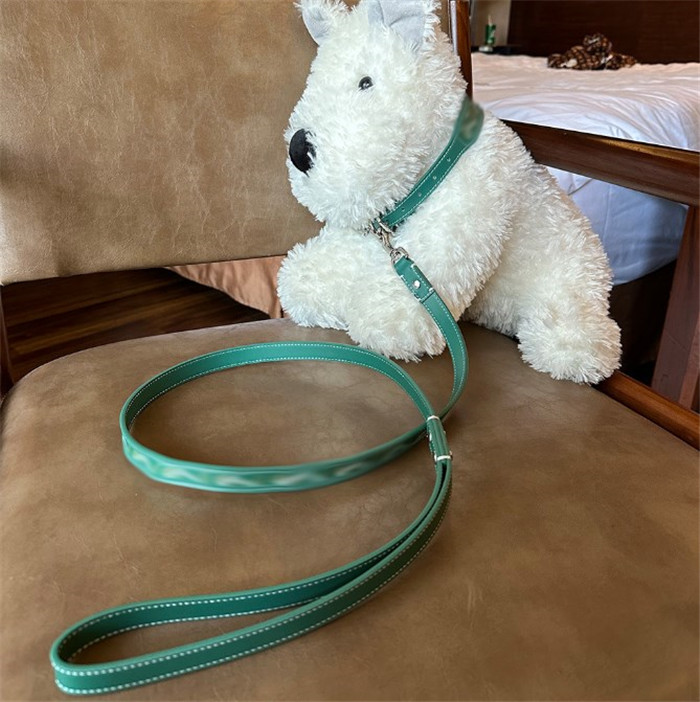 Dog Collar Leash Set Classic Plaid Pattern Soft Comfort Real Genuine Leather Pet Collars Modern Designer Look for Small Medium Large Pets L Green