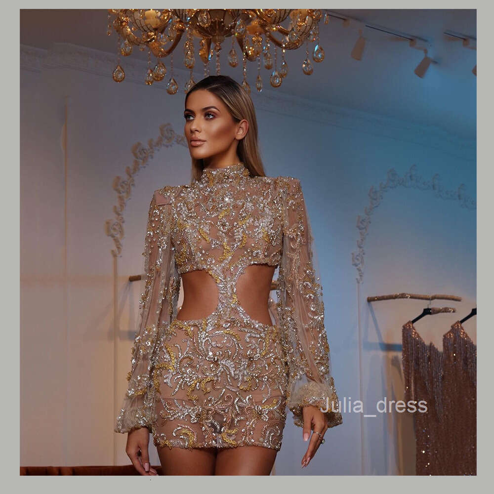 2024 Spring/Summer New Womens Sexy Mesh Sequin Round Neck Banquet Dress Wrapped Hip Short Skirt