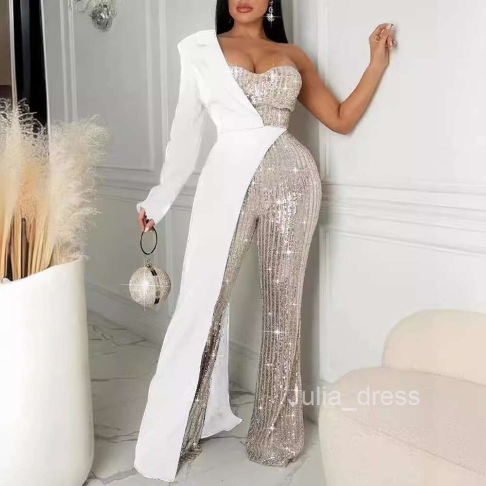 2024 new womens silver patchwork sequin one shoulder fashionable sequin jumpsuit
