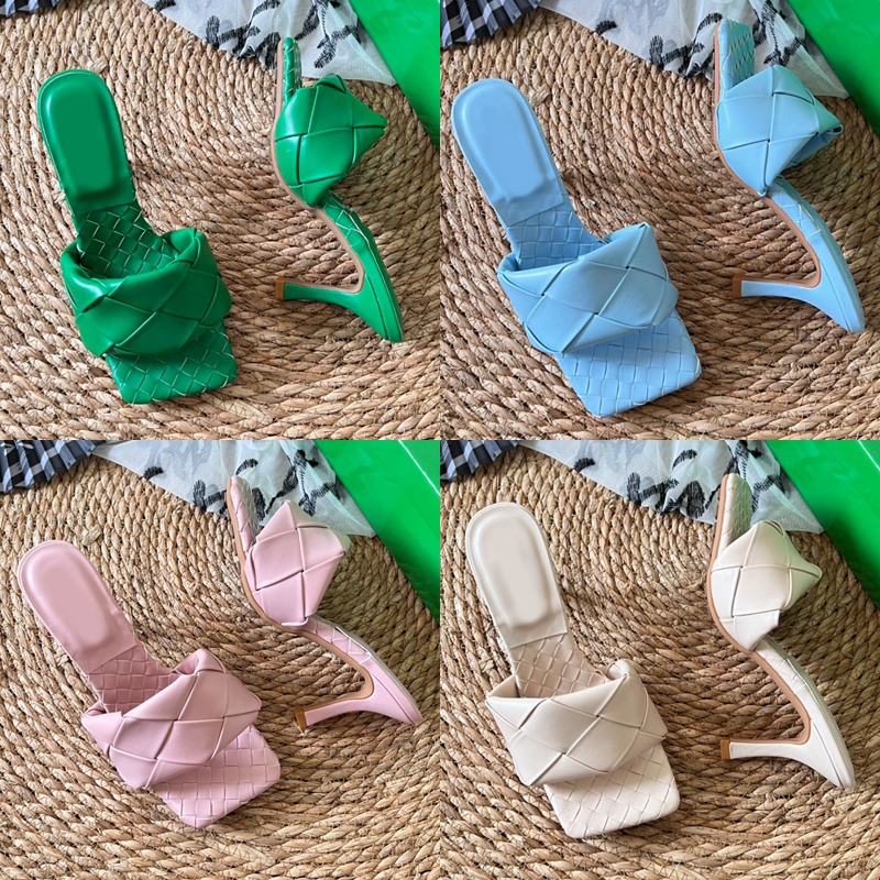 Slippers Designer Slides Sandals Women Leather Weave Sliders 8.5cm Heel Square Head Flats Slipper Summer Fashion Dress Peep Toe Outdoors Casual Shoes Easy To wear