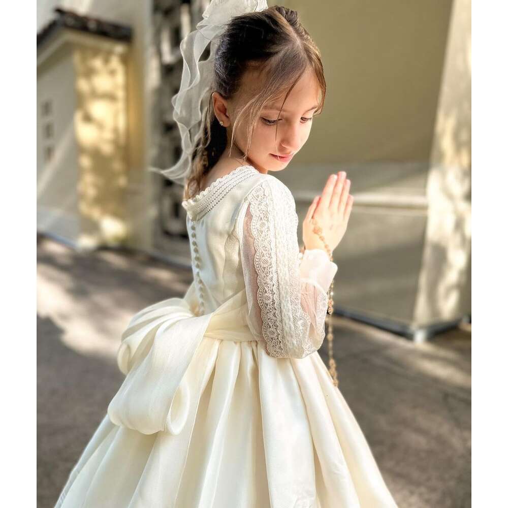Dress First Communion Made Satin Fabric Long Sleeves With Vintage Like Laces Bow And Covered Buttons For Closure 6660311