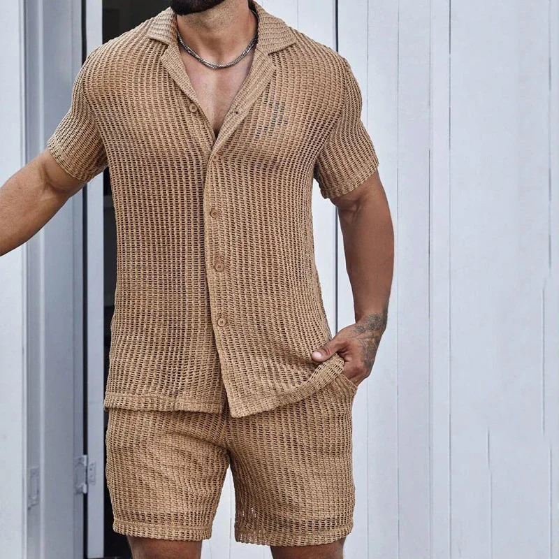 Sexy Hollow Out Mesh Knit Two Piece Suits Men Summer Beach Buttoned Lapel Shirts and Shorts Mens Outfits Casual Solid Color Sets 240518