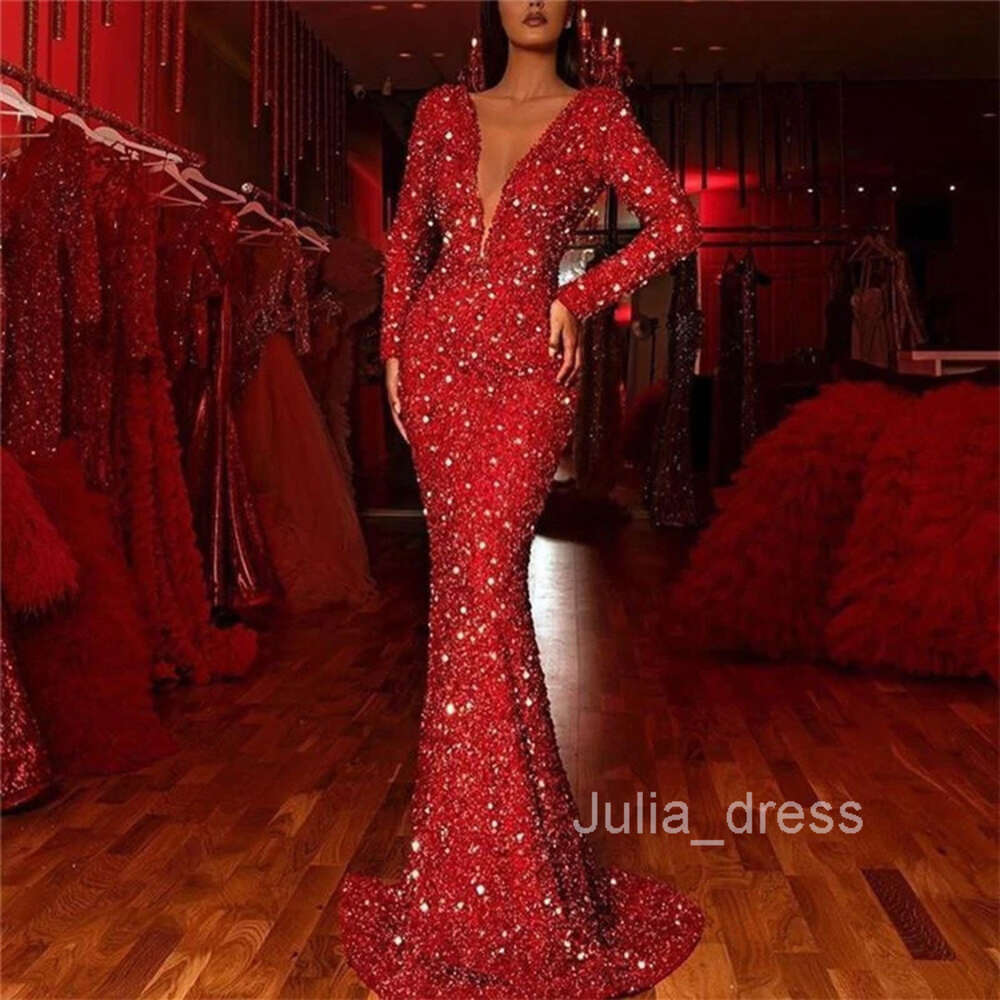 2024 Spring New Womens Wrapped Hip Dress with Fish Tail Edge Red Sequin Long sleeved V-neck Dress