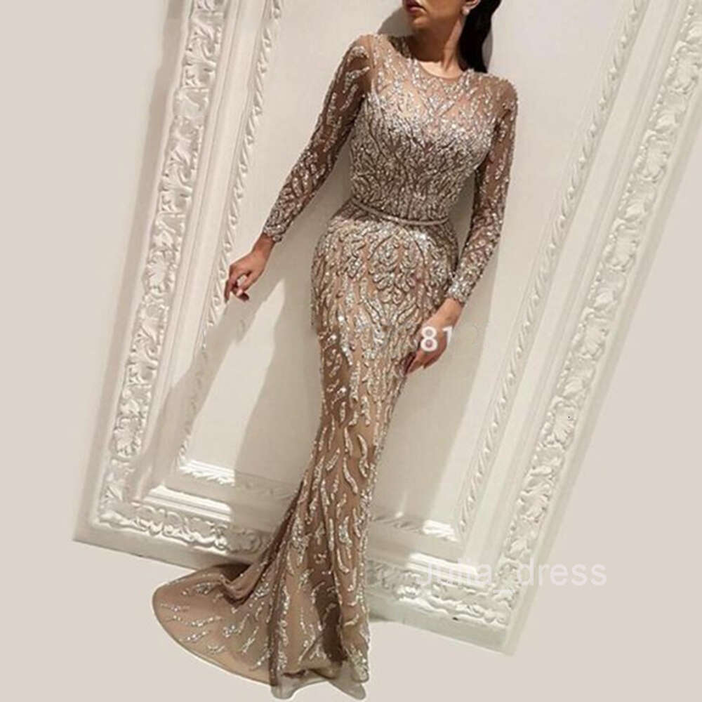 2023 New Womens Sexy Dress Sprinkled Gold Long Sleeve Fishtail Prom Dress