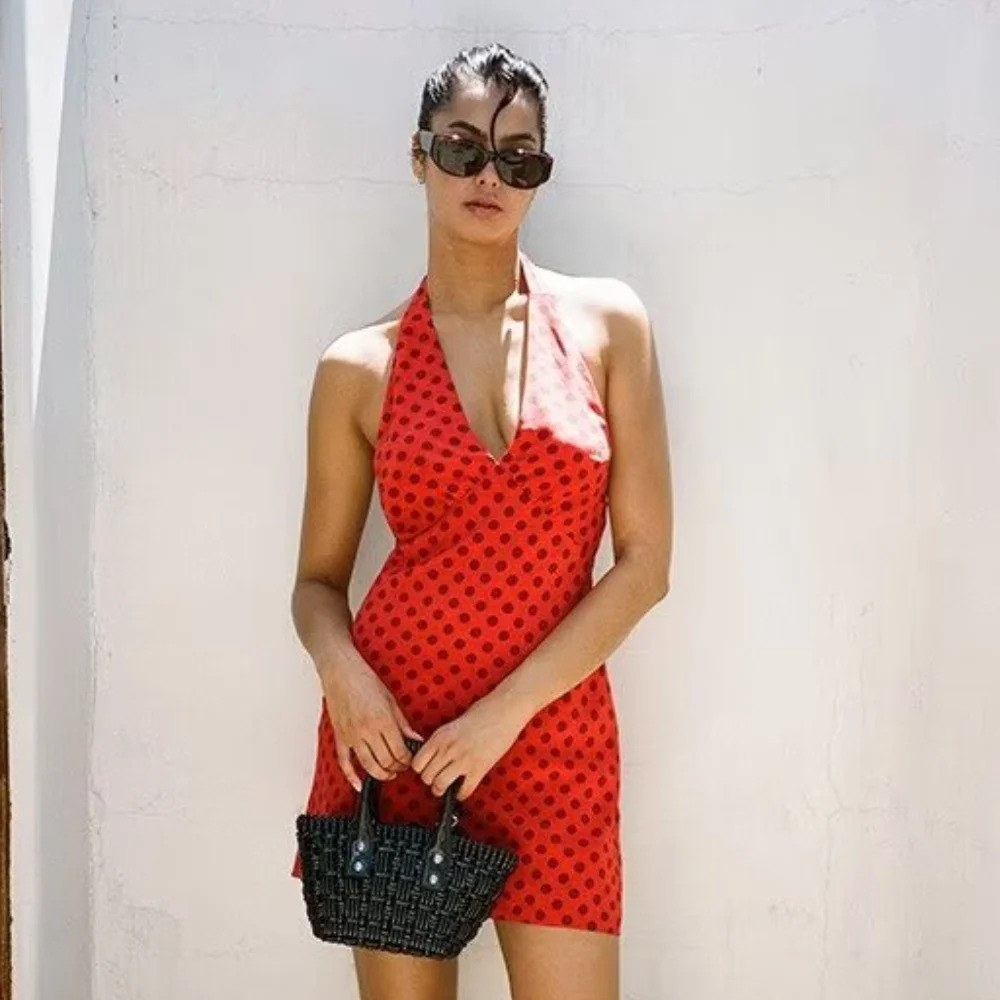 PB ZAWomens Polka Dot Printed Dress Fashionable and Casual Versatile VNeck Backless Spring 240515