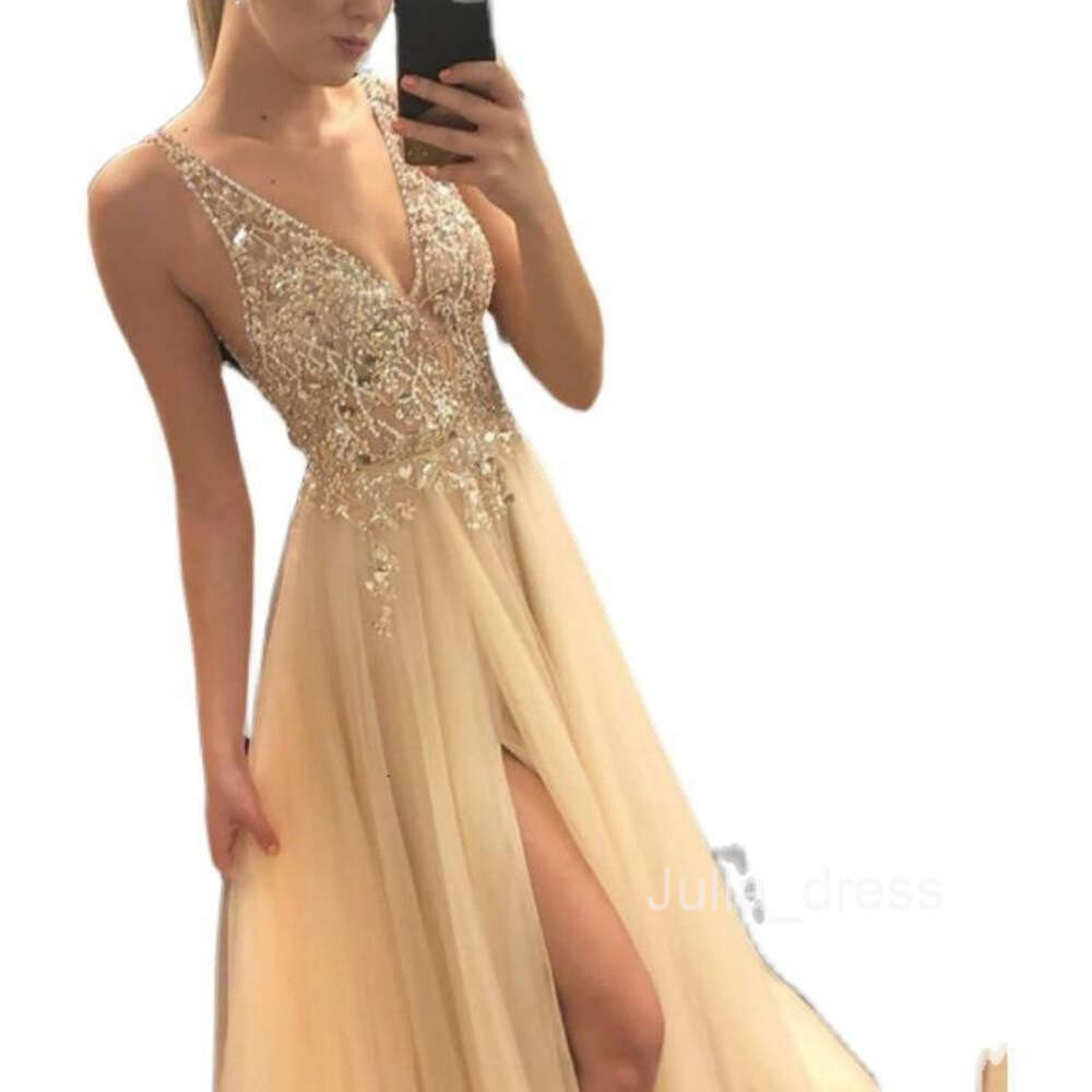 Shiny evening dress 2024 summer gold V-neck patchwork dress party evening dress