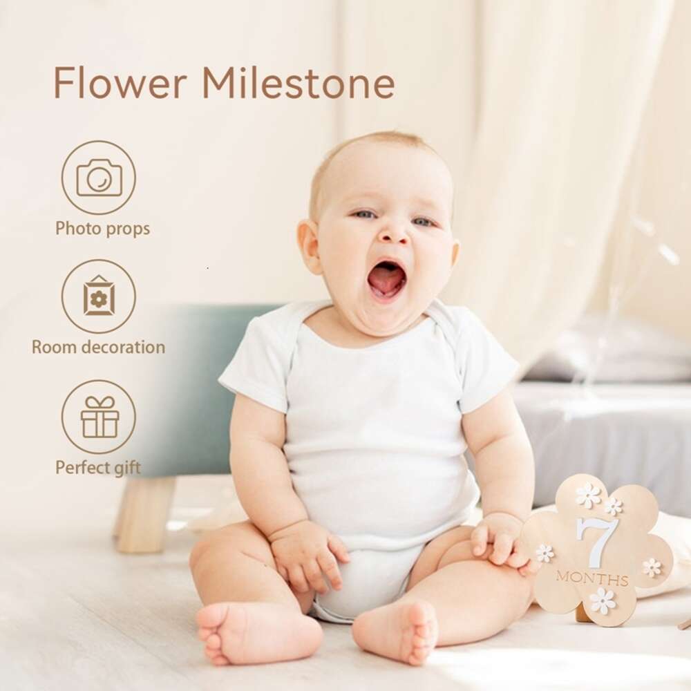 1Set Wooden Month Milestone Flower Shape Record Card Newborn Birthday Gift Souvenir Baby Photo Photography Accessories