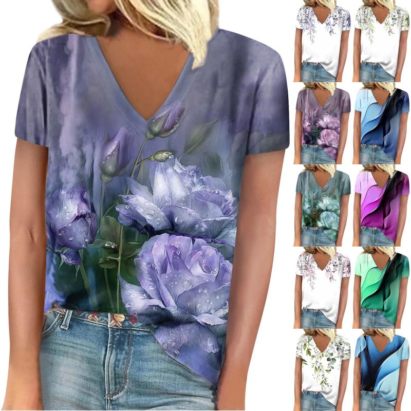 Womens T Shirts Fashion Casual V-Neck Loose Comfort Printed Short Sleeve Things For Women Korean Luxury Clothing Aesthetic Cloth