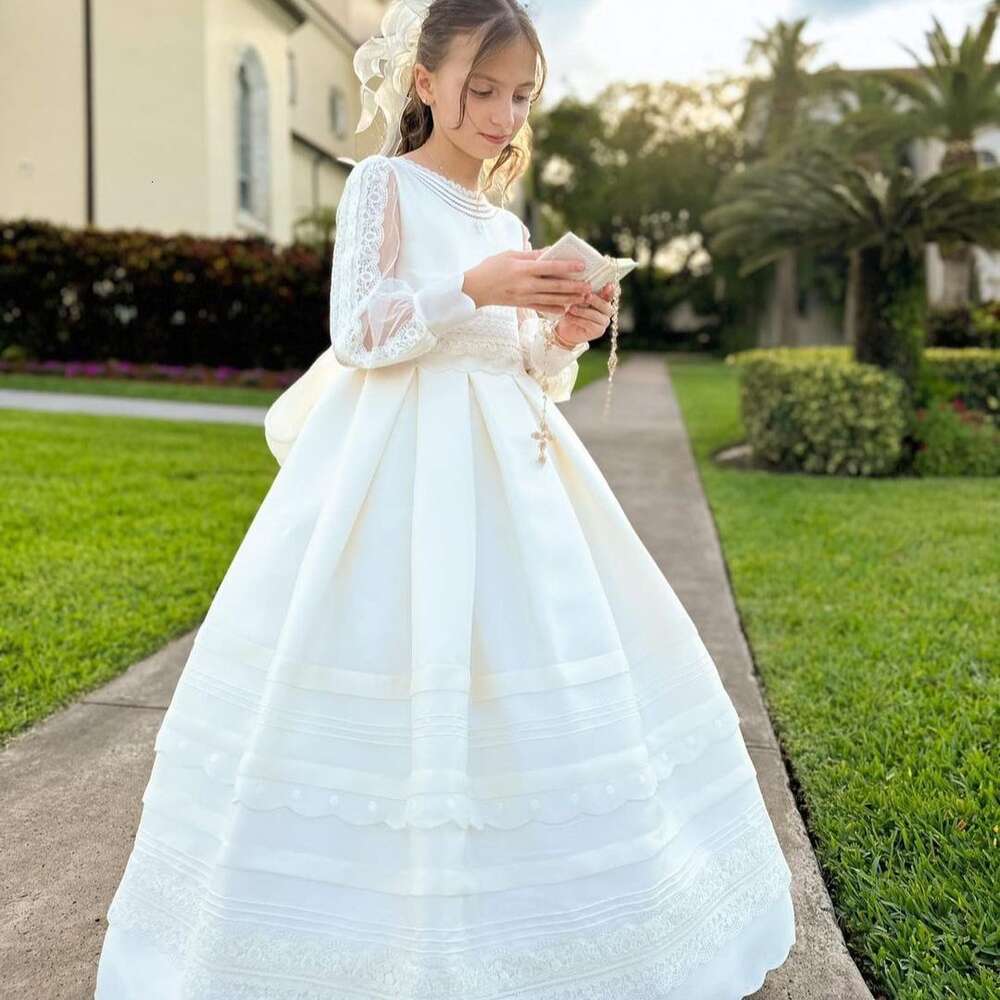 Dress First Communion Made Satin Fabric Long Sleeves With Vintage Like Laces Bow And Covered Buttons For Closure 6660311