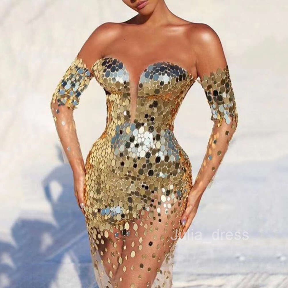2024 Summer New Womens Dress Sequin One Shoulder Sexy Mesh Perspective Long Evening Dress