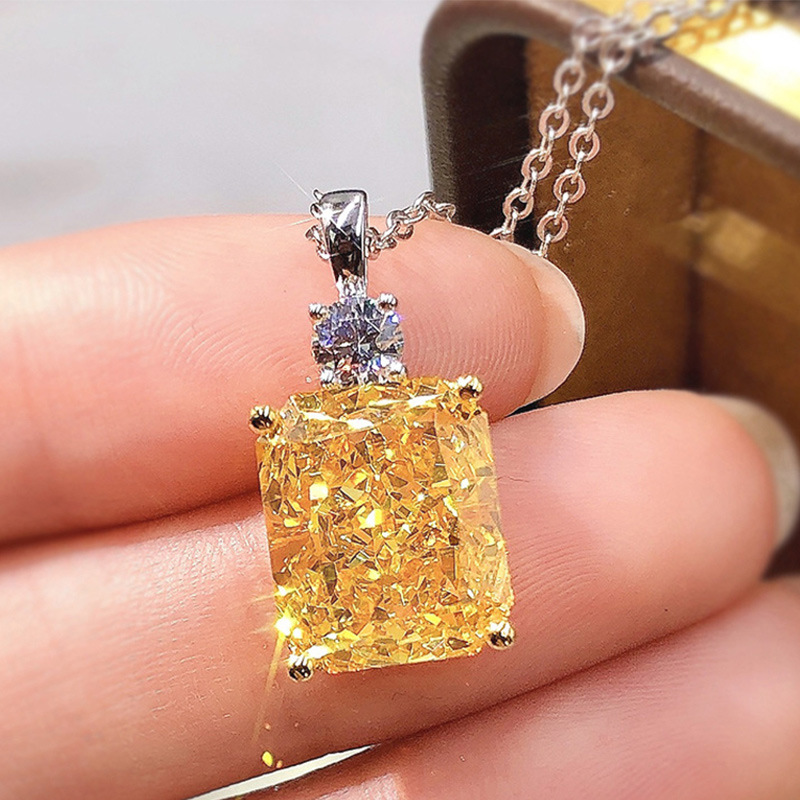 Zircon Yellow Geometric Rectangle Pendant Necklace Designer Sterg Sier Chain Dia Necklaces for Women Engagement, Wedding Gift | Jewelry 4 s