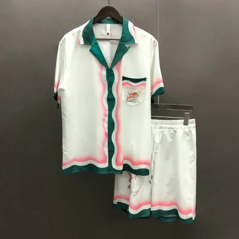Art Landscape Print Shortsleeved Shirt Set Short Top For Men Vintage Pattern Lapel Streetwear Suit Casual Sets Homme 240524