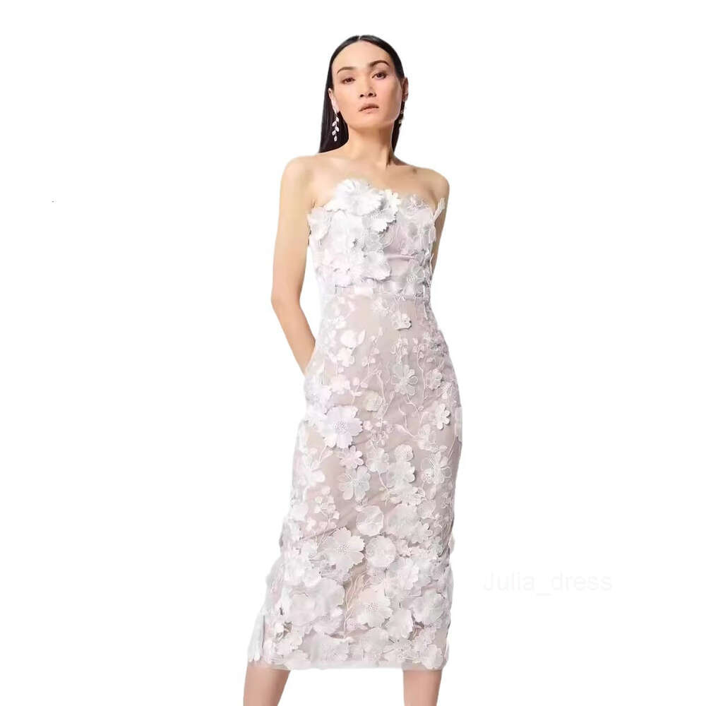 2024 Spring Dress Sexy Sleeveless Colorful 3D Flower Embroidery Slim Fit Wrap Hip Bra Dress Mid length Dress