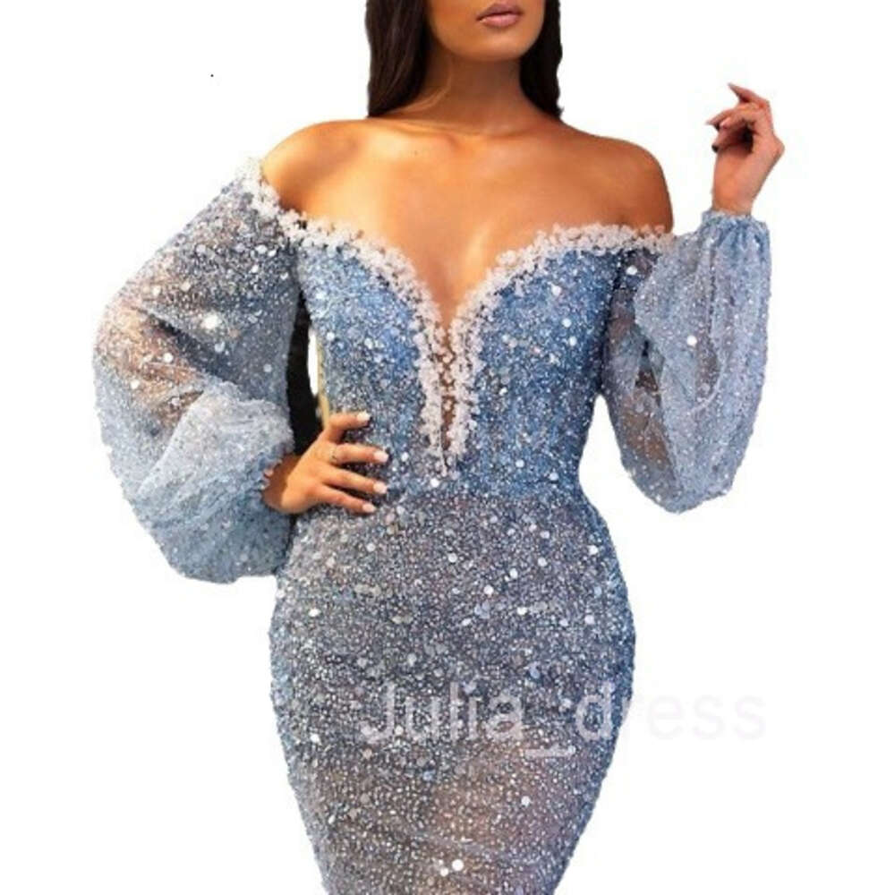 2024 Spring/Summer New Womens Casual Dress with Elegant Splash Gold V-neck Perspective Fishtail Evening Dress