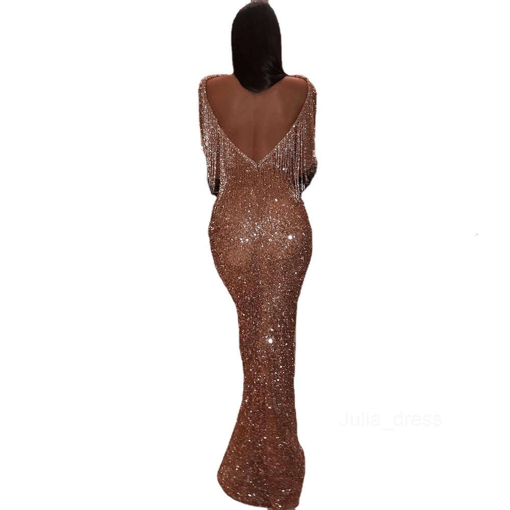 2024 Spring New Womens Long sleeved Casual Backless Golden Dress Long Dress