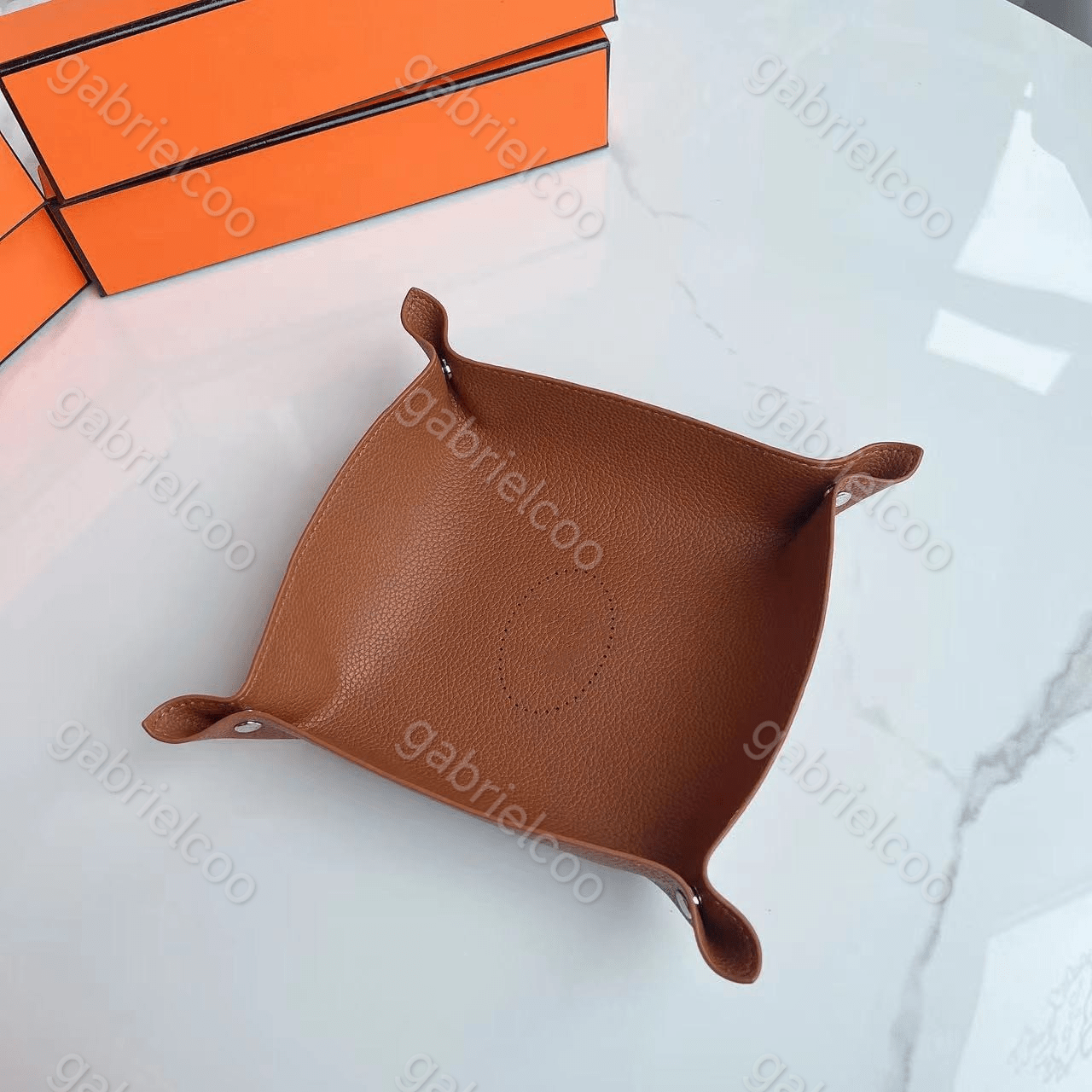 Square designer orange leather tray solid color foyer key storage miscellaneous items desktop candy box