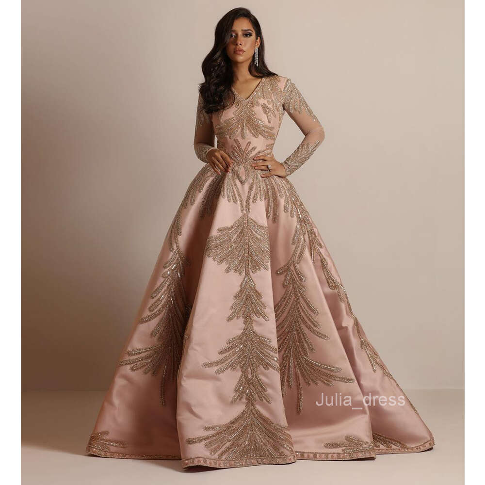 2024 New Womens Wear Hot Stamped Sleeves Long Dress Banquet Sexy Evening Dress Pink