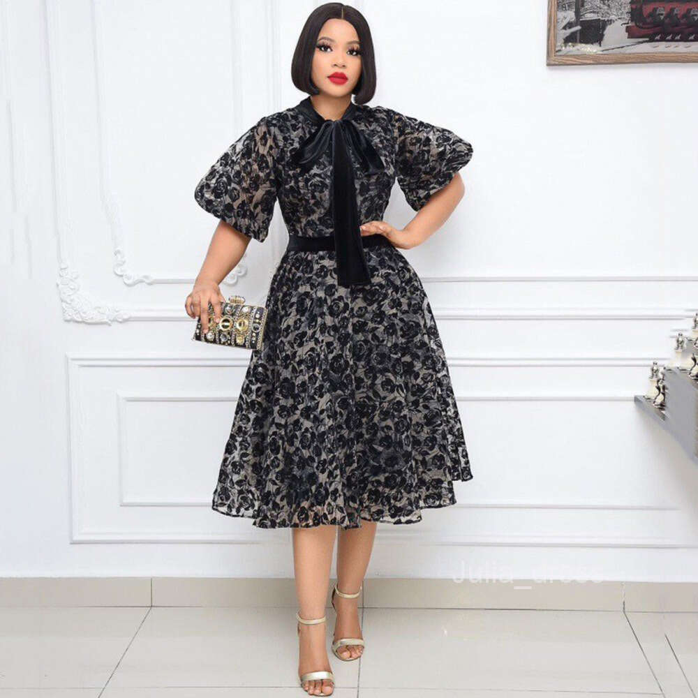 2024 Summer New Style Stand up Neck Black Flocking Dense Mesh Waist Tie Lace Splice Fashion Slimming Dress