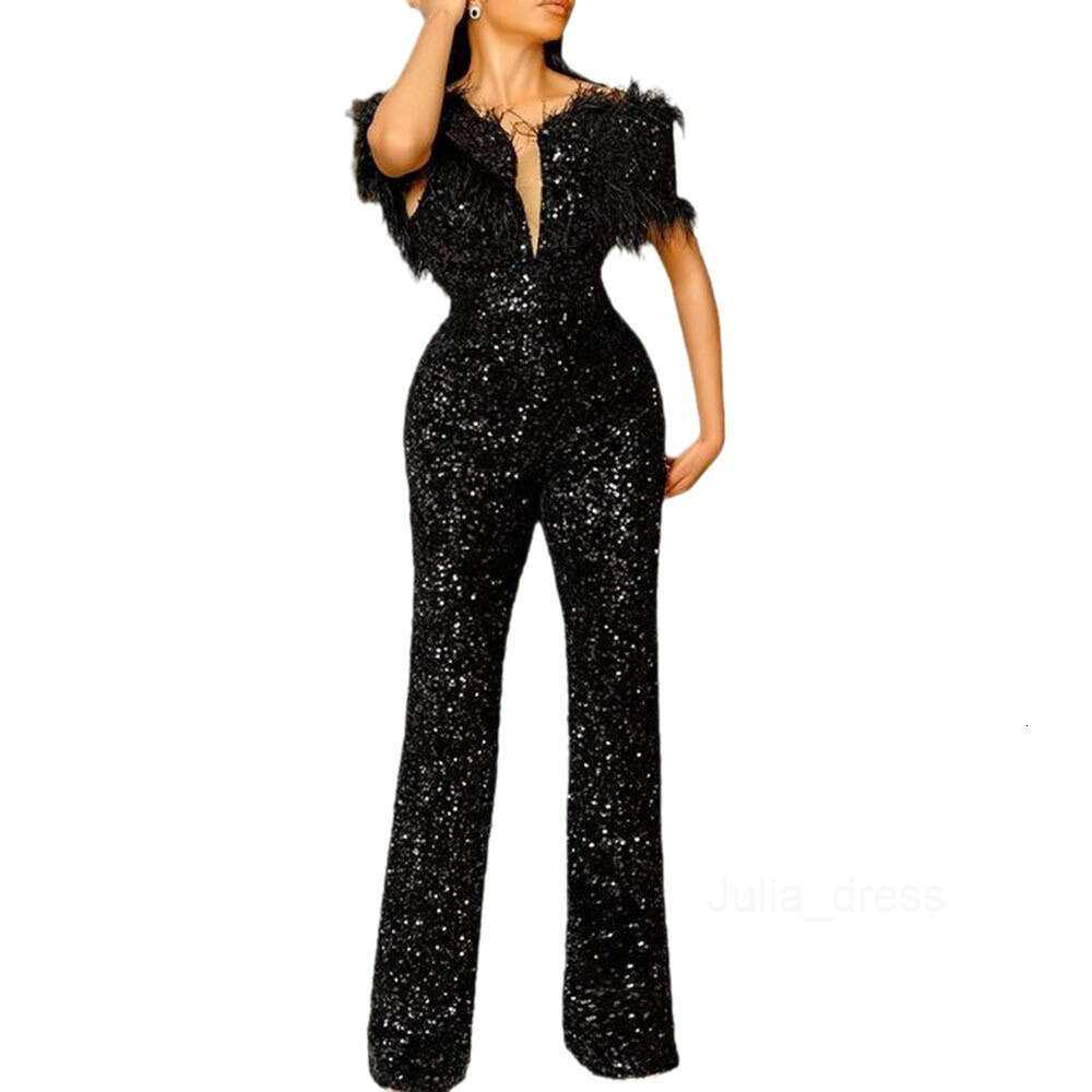 2024 New Spring/Summer Womens jumpsuit V-neck feather sequin slim fit waist closing dress