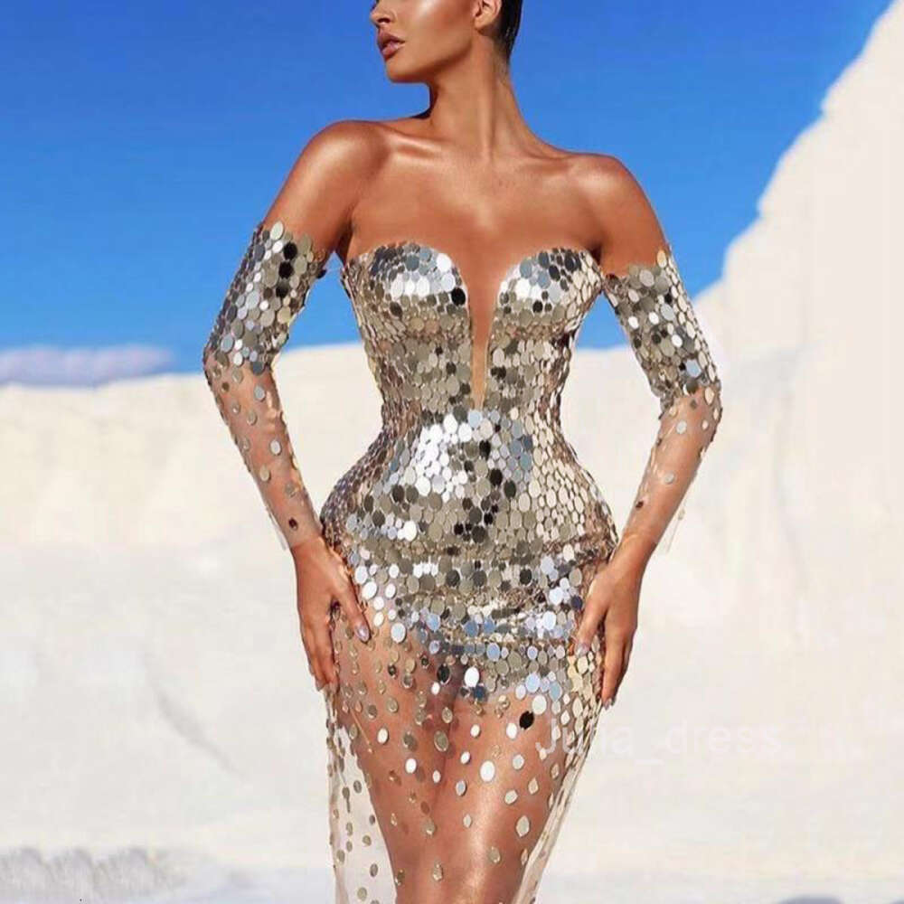 2024 Summer New Womens Dress Sequin One Shoulder Sexy Mesh Perspective Long Evening Dress