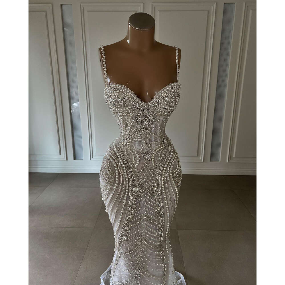 Junoesque Mermaid Wedding Dress Spaghetti Sweetheart Crystal Applicants Pearls Chain Beads Design Backless Custom Made Vestidos