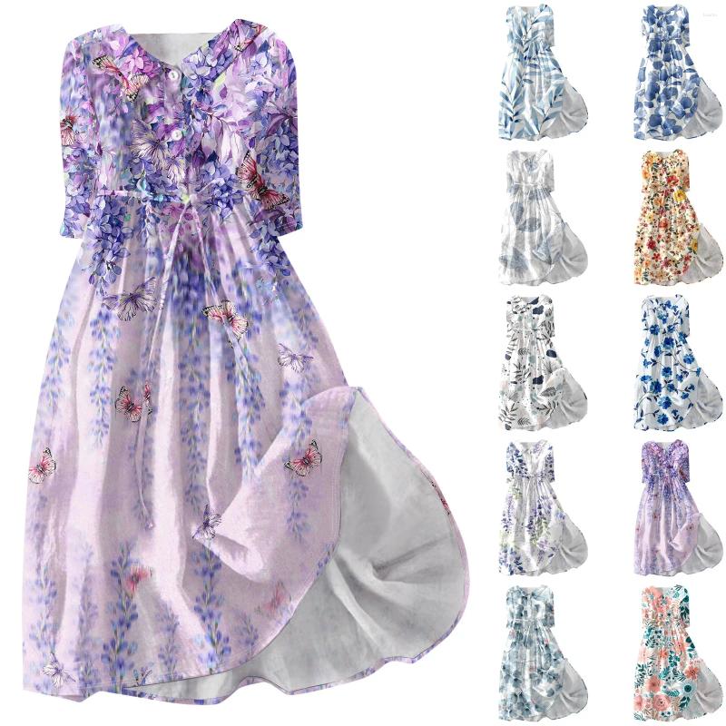 Casual Dresses Womens Fashion Simple Printed Lapel Collar Button 3/4 Sleeved Dress Slim-Type Straps Vestidos Largos
