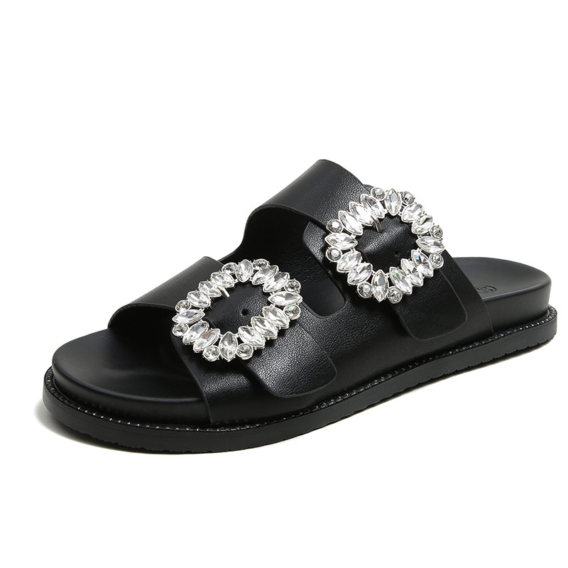 2025 Brand Rhie Buckle Sandals Women Double Band Slippers Crystal Shoes Ladies Casual Slides Slip On Flat Heels 4b48