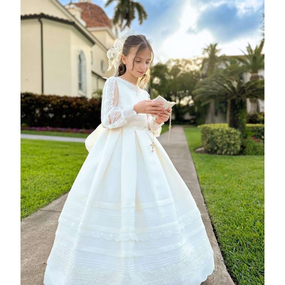 Dress First Communion Made Satin Fabric Long Sleeves With Vintage Like Laces Bow And Covered Buttons For Closure 6660311
